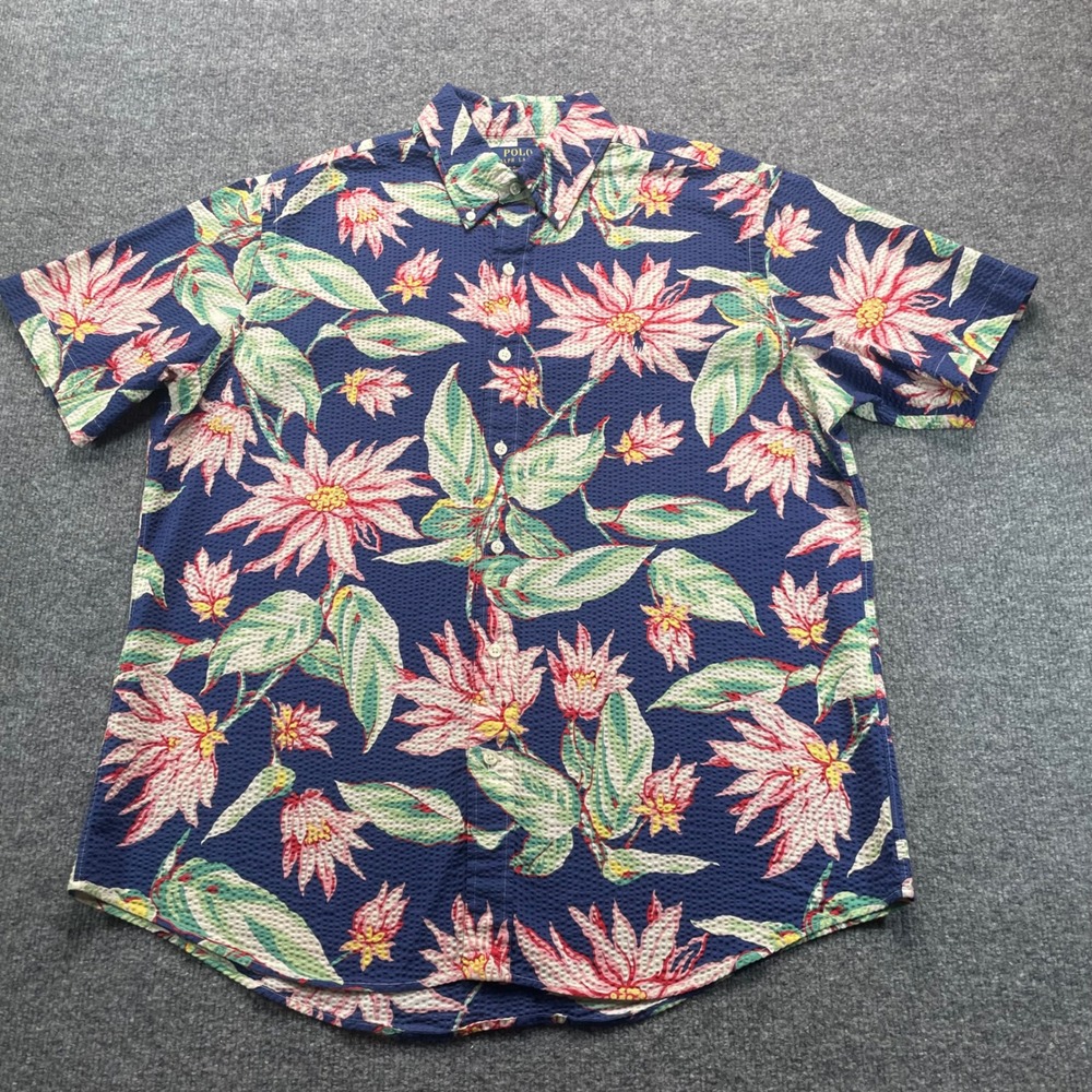 Polo Ralph Lauren Button Down Men Large Blue Floral Seersucker Short Sleeve